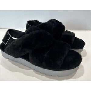 Koolaburra UGG Faux Fur Fuzz-ee Women's 10 Sandals Black Sandals Shoes 1117190